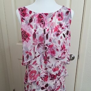 SLNY Pink and White Floral Asymmetrical Tiered Dress
